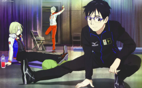 HD desktop wallpaper featuring characters from the anime Yuri!!! on ICE. The image shows three athletes stretching and warming up in a training room, with a backdrop of a gym setting.