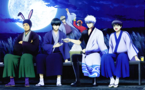 A vibrant 8K Ultra HD wallpaper featuring characters from the anime Gintama, sitting together under a full moon, showcasing their unique outfits and playful interactions.
