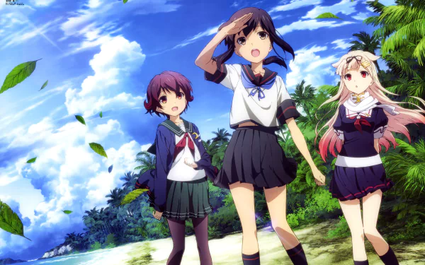 Three characters from Kantai Collection—Mutsuki, Yuudachi, and Fubuki—are walking along a beach under a bright sky, with lush greenery and a vibrant ocean backdrop in this stunning 8K Ultra HD wallpaper.
