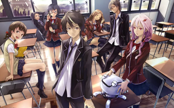 HD wallpaper featuring characters from the anime Guilty Crown, set in a classroom with a city view. The image includes various characters in school uniforms, capturing a dynamic and lively atmosphere.