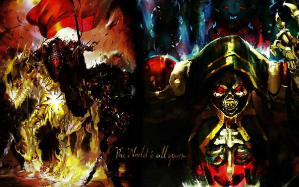 Ainz Ooal Gown from the anime Overlord commands the scene in this vibrant HD wallpaper, showcasing a powerful presence and dark fantasy elements.
