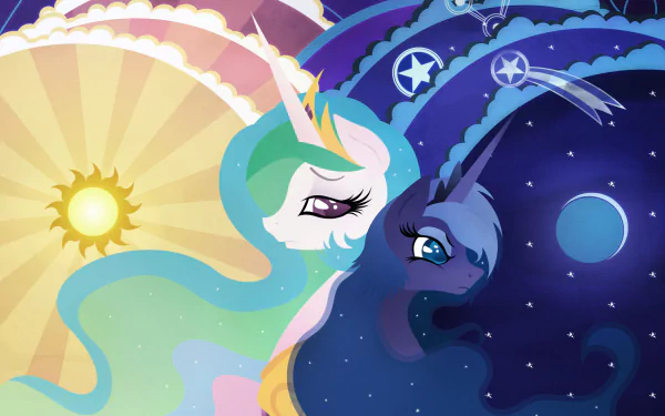 HD PC desktop wallpaper/background of Princess Celestia and Princess Luna from the TV show My Little Pony: Friendship Is Magic — day and night split with sun, moon, stars and flowing manes.