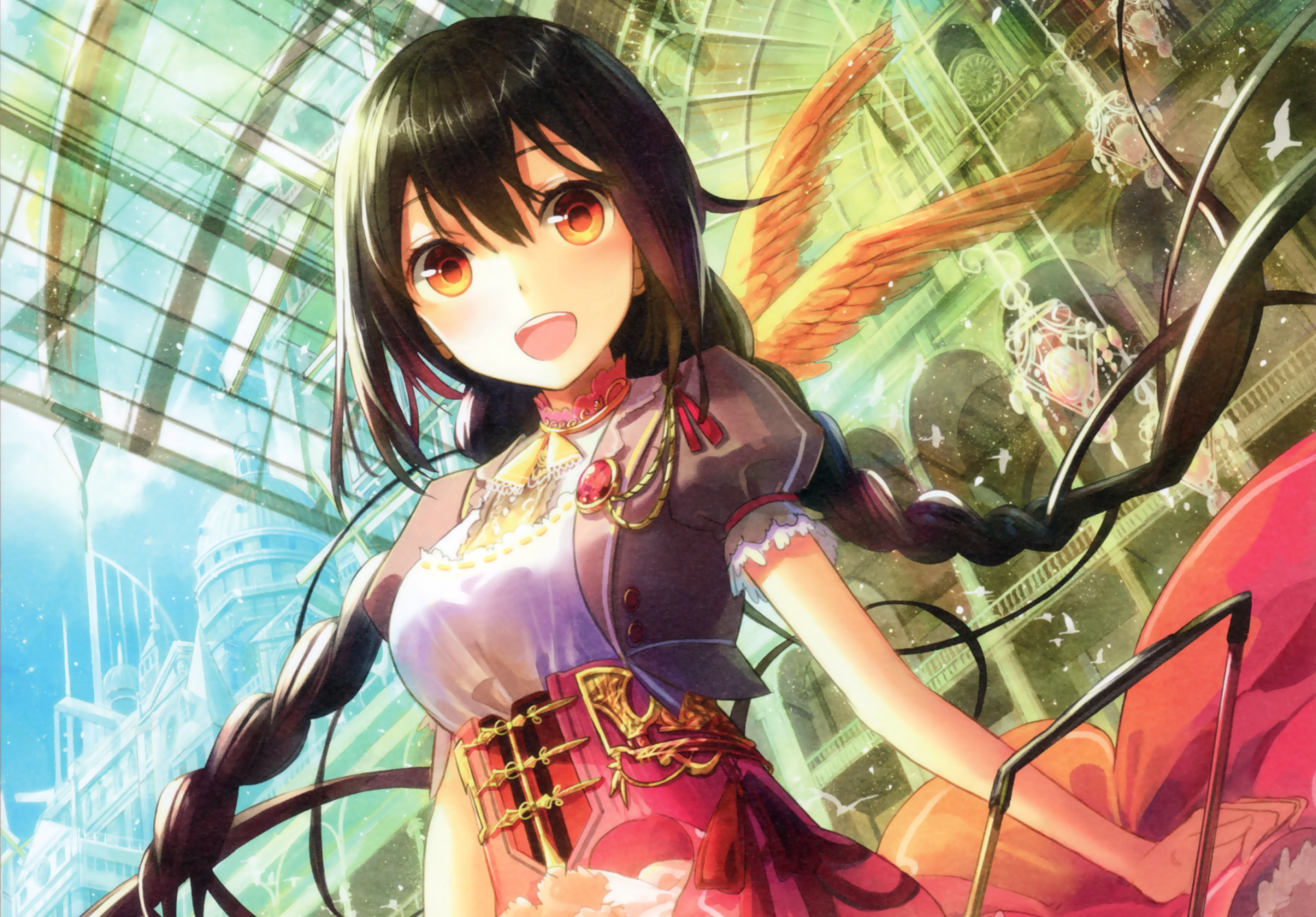 Anime-style HD PC desktop wallpaper featuring an original character with long dark hair, vibrant red-orange wings, and a colorful, detailed outfit in a bright, dynamic setting.