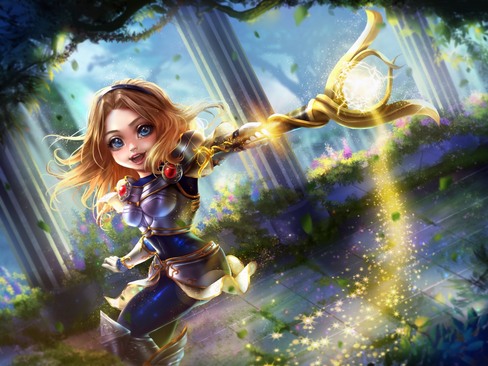 Chibi Lux from League of Legends with blonde hair and blue eyes, wielding her glowing staff in a vibrant forest setting, rendered in 4K Ultra HD.