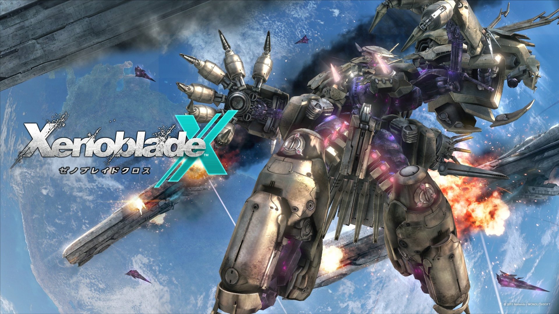 Xenoblade Chronicles X video game 2K Quad HD PC desktop wallpaper: colossal futuristic mech flying through clouds with explosions and the game logo on the left.