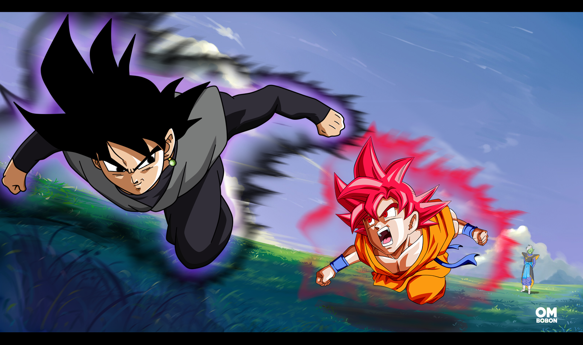 Dynamic HD wallpaper featuring Goku from Dragon Ball Super, showcasing an intense battle scene with vibrant colors and action-packed motion against a dramatic sky.