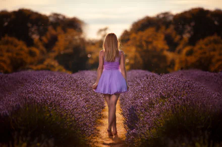 A woman in a purple dress walks through a lavender field with a soft depth of field effect, captured from the rear in this HD PC desktop wallpaper.