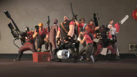 HD PC desktop wallpaper of the video game Team Fortress 2: the Red team lineup of classes posed with weapons against a neutral, studio-style background.