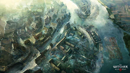 Concept art of Novigrad from The Witcher 3: Wild Hunt, showcasing an intricate aerial view of the town's layout, waterways, and medieval architecture in stunning detail.