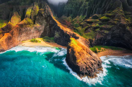 A stunning aerial view of Kauai's rugged coastline, featuring vibrant cliffs and turquoise ocean waves. Nature's beauty is on full display in this captivating Hawaiian setting.