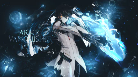 A dynamic HD desktop wallpaper featuring a character from the video game Closers, wielding a glowing weapon amidst a swirling, blue energy design.