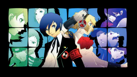 HD PC desktop wallpaper featuring Aigis and other characters from the video game Persona 3 with vibrant, stylized artwork.