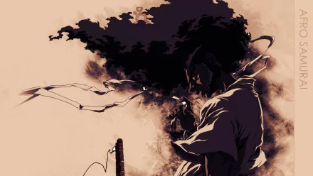 HD PC desktop wallpaper featuring Afro Samurai in a dynamic anime style, highlighting his iconic silhouette and flowing hair against a muted background.