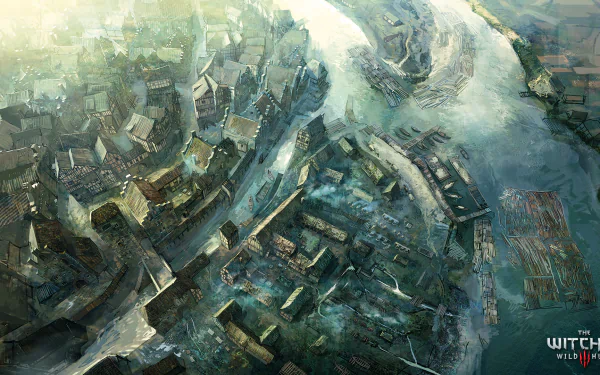Concept art of Novigrad from The Witcher 3: Wild Hunt, showcasing an intricate aerial view of the town's layout, waterways, and medieval architecture in stunning detail.