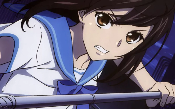 HD PC desktop wallpaper featuring an intense scene from the anime Strike the Blood, showcasing a determined female character in a sailor uniform.