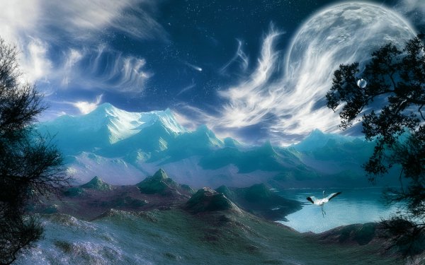 Fantasy Landscape Lake Mountain Sky Moon Planet Heron Blue HD Wallpaper | Background Image
