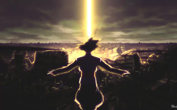 HD desktop wallpaper of Black Goku from Dragon Ball Super, radiating power with a dramatic light beam in a dark, apocalyptic setting.