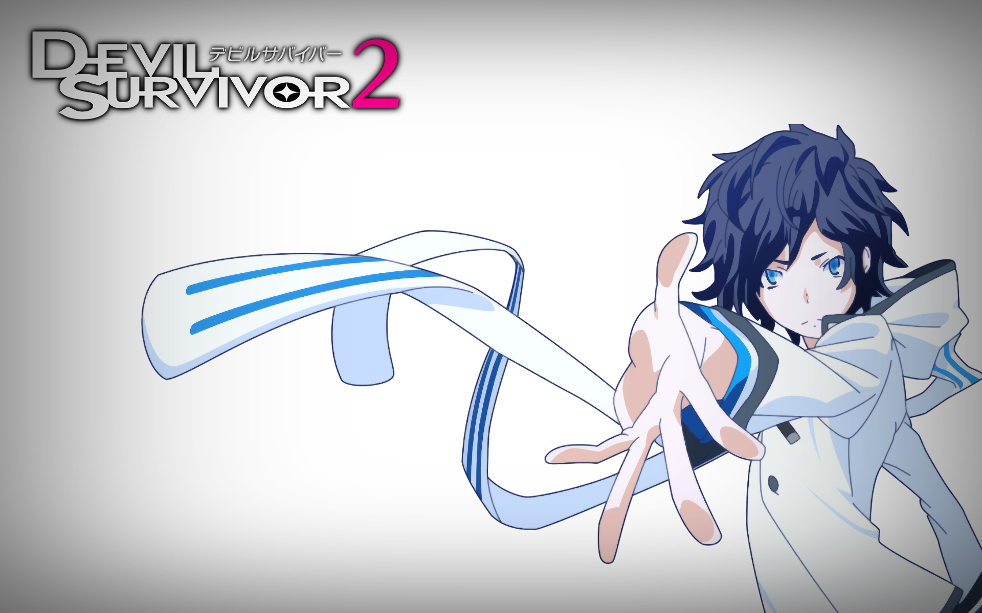 HD PC desktop wallpaper featuring an anime character from Devil Survivor 2 The Animation reaching forward with flowing white and blue attire against a light background.