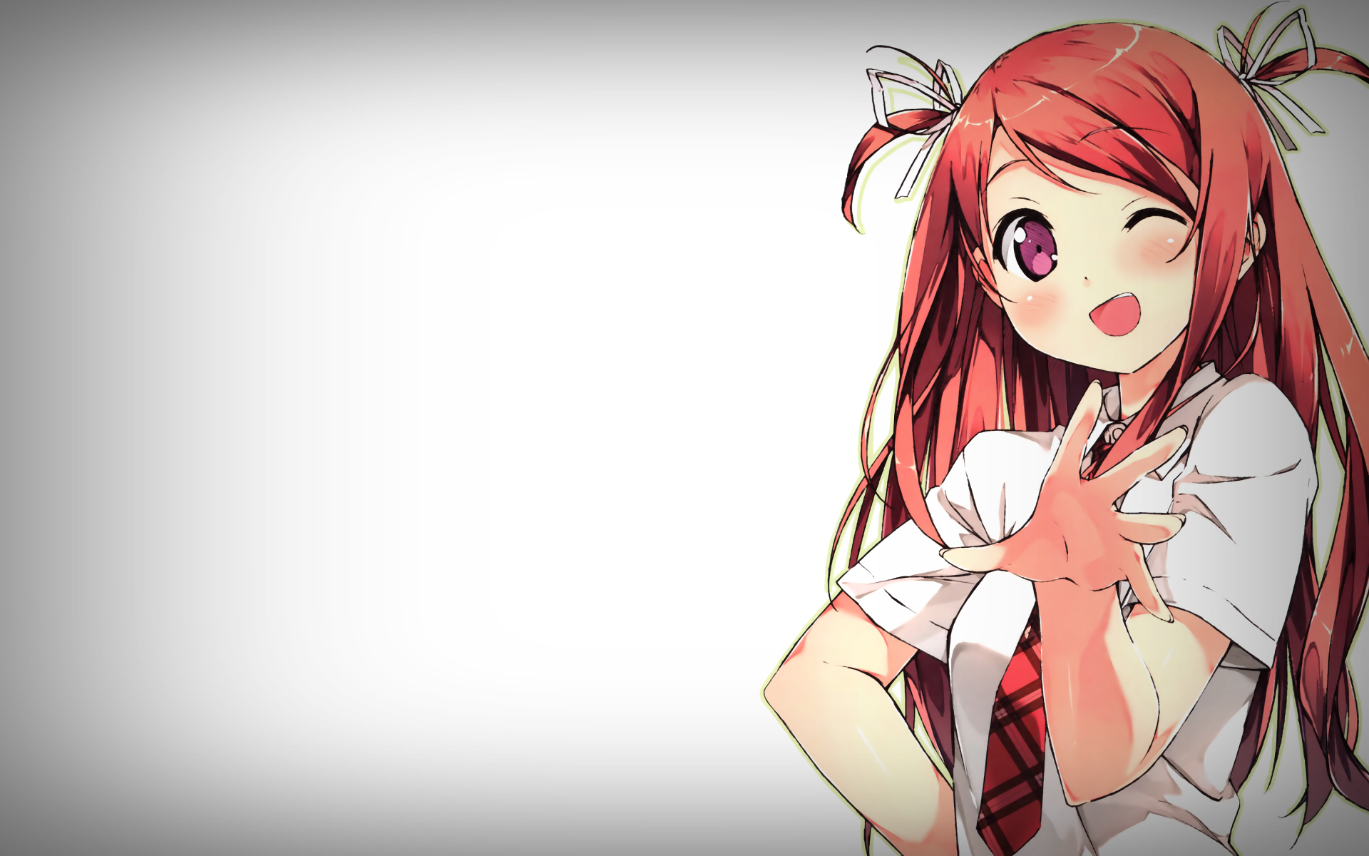 Anime girl from 5 Nenme no Houkago with red hair and a school uniform, featured in a vibrant HD PC desktop wallpaper background.