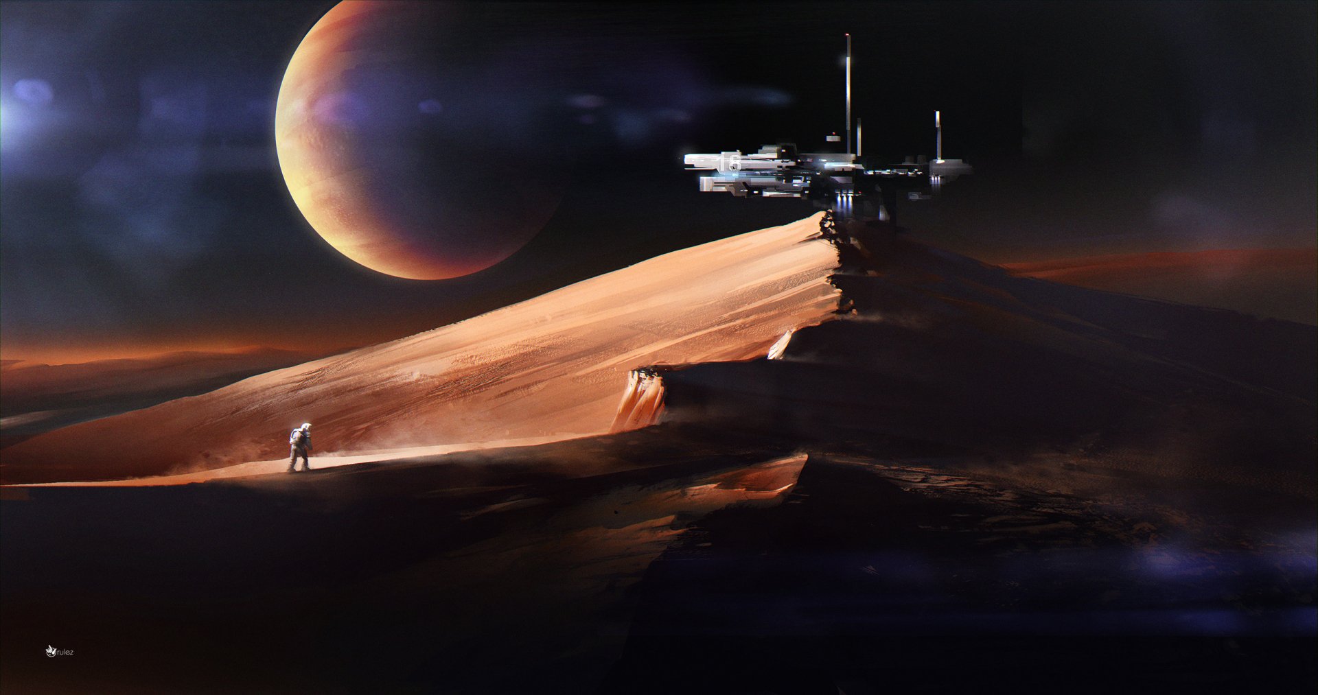 HD Sci-Fi desktop wallpaper featuring an astronaut exploring a desert landscape with sand dunes, a futuristic building, and a large planet glowing in the dark sky.