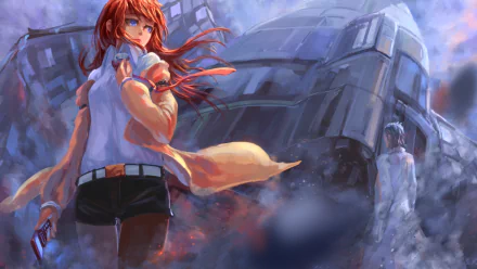 HD anime desktop wallpaper featuring Kurisu Makise in the foreground and Rintaro Okabe near a large futuristic structure from Steins;Gate.