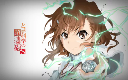 Mikoto Misaka from A Certain Scientific Railgun is depicted in her school uniform, showcasing her brown hair and eyes, surrounded by electric sparks and holding a coin.
