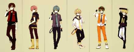 A dynamic HD wallpaper featuring genderbent characters from the Vocaloid series, including Hatsune Mikuo, GUMI, and the Kagamine twins, in stylish anime outfits against a neutral background.