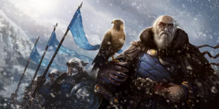 A snow-covered landscape features a fantasy warrior standing proud with a hawk on his arm, flanked by soldiers holding blue flags, creating a striking 4K Ultra HD desktop wallpaper.