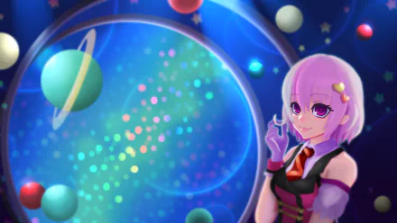 HD anime desktop wallpaper featuring Momo Velia Deviluke from To Love-Ru: Darkness, set against a vibrant cosmic background with colorful planets and stars.