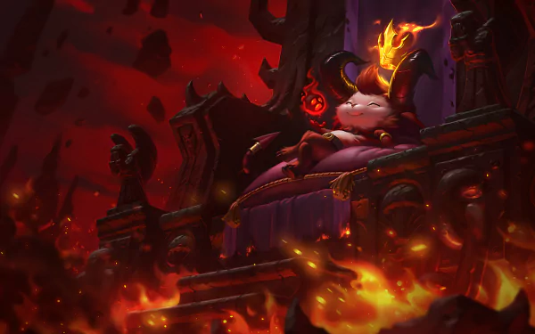 HD PC desktop wallpaper featuring Teemo from League of Legends, set in a fiery, dark fantasy environment rich with glowing embers and intense shadows.