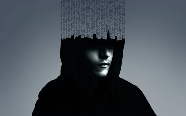 A striking HD wallpaper from the TV show Mr. Robot, featuring a hooded figure with a city skyline and lines of code blending into their head, creating a mysterious and tech-inspired atmosphere.