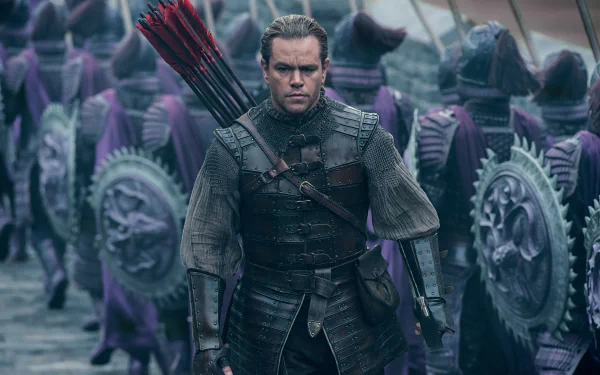 Matt Damon stars in The Great Wall, depicted in this 4K Ultra HD wallpaper, where he leads a fierce battle surrounded by soldiers in armor.