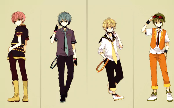 A dynamic HD wallpaper featuring genderbent characters from the Vocaloid series, including Hatsune Mikuo, GUMI, and the Kagamine twins, in stylish anime outfits against a neutral background.