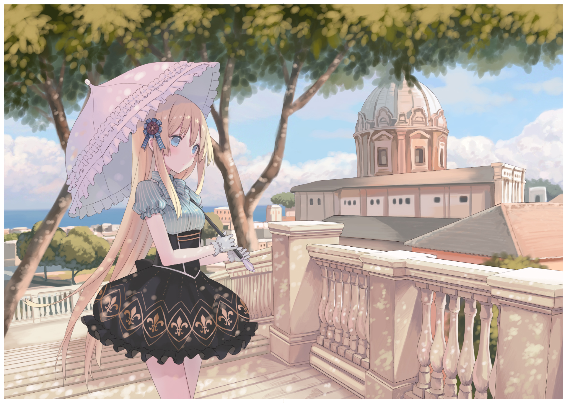 A serene anime scene featuring a girl with long hair holding a parasol, standing on a balcony with a scenic view of buildings and trees, creating a captivating HD desktop wallpaper.