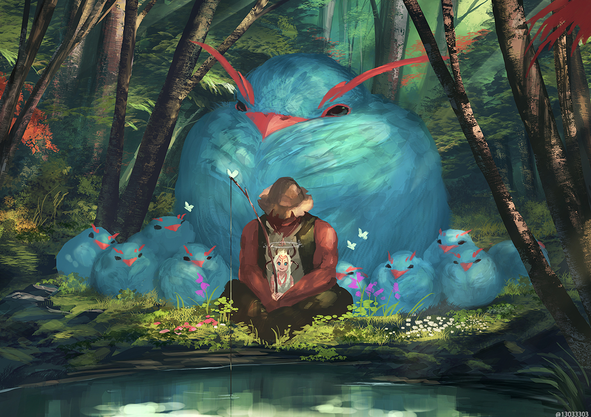 A serene anime scene features a character sitting among vibrant, fluffy blue creatures in a lush forest, surrounded by flowers and butterflies—an HD PC desktop wallpaper.