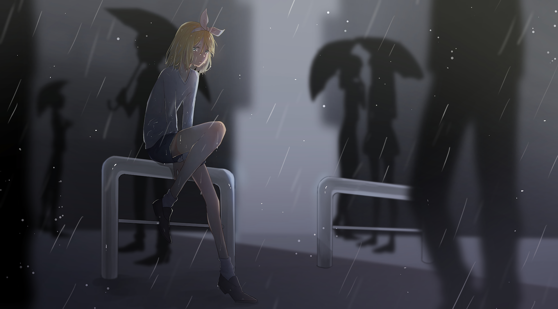 Rin Kagamine from Vocaloid sits on a railing in the rain, with shadowy figures holding umbrellas in the background, captured in an anime-style HD desktop wallpaper.