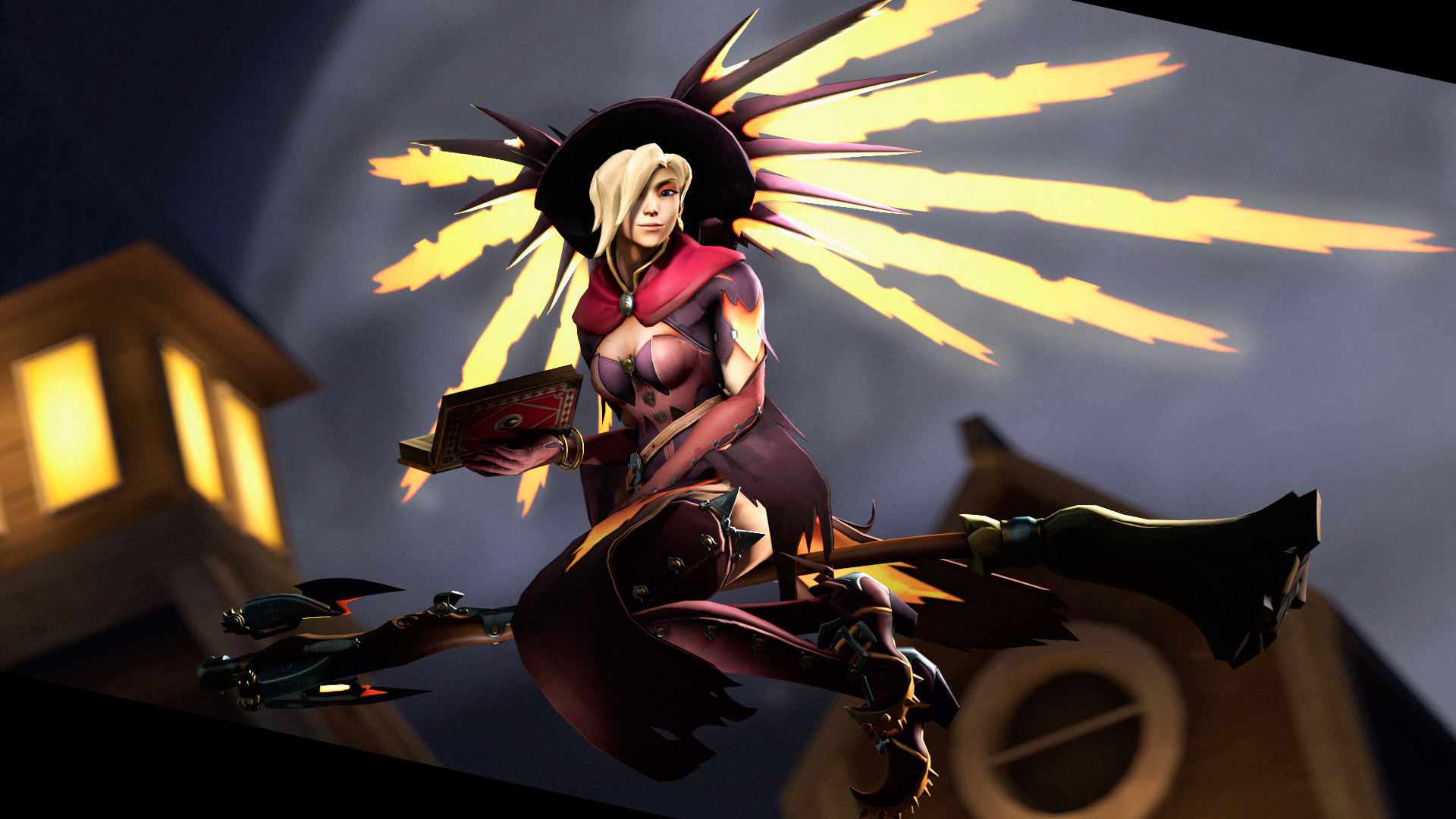 HD PC desktop wallpaper featuring Mercy from the video game Overwatch in her Witch skin, glowing golden wings spread behind her against a dark, blurred background.