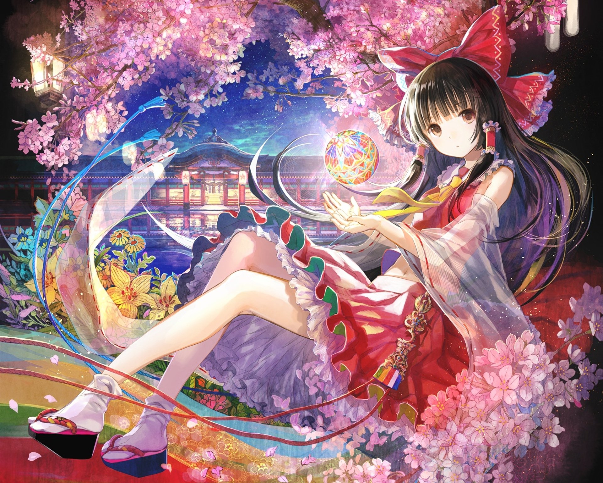 A vibrant HD desktop wallpaper featuring Reimu Hakurei from the anime Touhou, surrounded by blossoming flowers and a mystical background that enhances her enchanting presence.