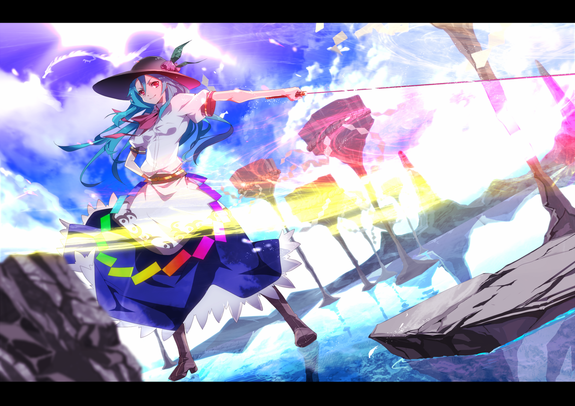 Anime Touhou HD PC desktop wallpaper and background: blue‑haired witch in a pointed hat floats above rocky cliffs, casting a vibrant rainbow magic beam across a dramatic sky.