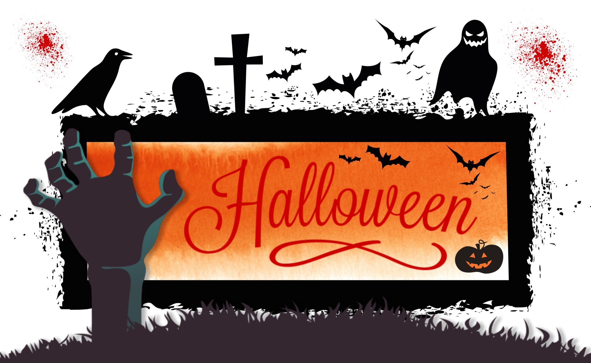 Dark Halloween-themed 4K Ultra HD desktop wallpaper featuring a graveyard, bats, a crow, a ghostly figure, a pumpkin, and a zombie hand reaching up.