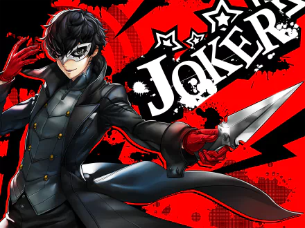 A dynamic HD desktop wallpaper featuring Joker from Persona 5, showcasing his signature mask and dagger against a striking red and black background.