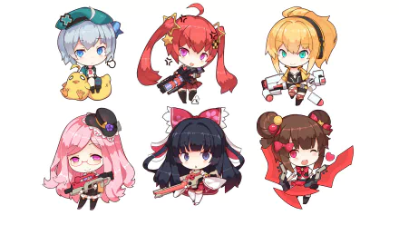 HD PC desktop wallpaper of six chibi anime girls from Girl Cafe Gun, each in colorful outfits wielding weapons, arranged on a clean white background.