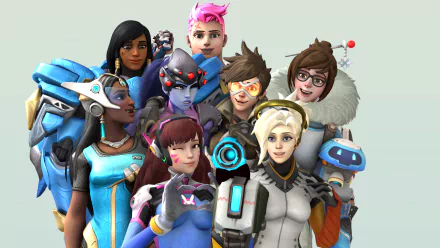 A vibrant HD desktop wallpaper featuring iconic characters from Overwatch, including Bastion, Pharah, D.Va, Widowmaker, Zarya, Symmetra, Tracer, Mei, and Mercy.
