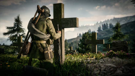 A soldier kneels in a somber landscape, tending to a cross amidst a field of graves, capturing the poignant atmosphere of Battlefield 1 in this HD desktop wallpaper.