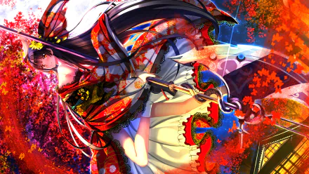 Anime wallpaper featuring Rory Mercury from Gate: Jieitai Kanochi nite Kaku Tatakaeri. She has black long hair, orange eyes, and wears a vibrant kimono while holding an axe.