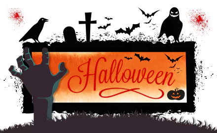 Dark Halloween-themed 4K Ultra HD desktop wallpaper featuring a graveyard, bats, a crow, a ghostly figure, a pumpkin, and a zombie hand reaching up.