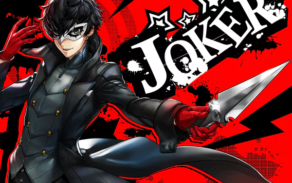 A dynamic HD desktop wallpaper featuring Joker from Persona 5, showcasing his signature mask and dagger against a striking red and black background.