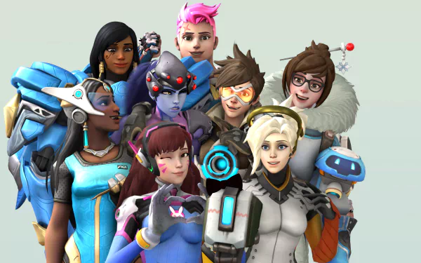 A vibrant HD desktop wallpaper featuring iconic characters from Overwatch, including Bastion, Pharah, D.Va, Widowmaker, Zarya, Symmetra, Tracer, Mei, and Mercy.