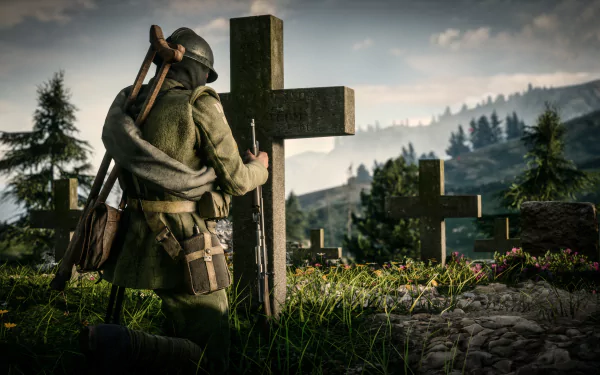 A soldier kneels in a somber landscape, tending to a cross amidst a field of graves, capturing the poignant atmosphere of Battlefield 1 in this HD desktop wallpaper.