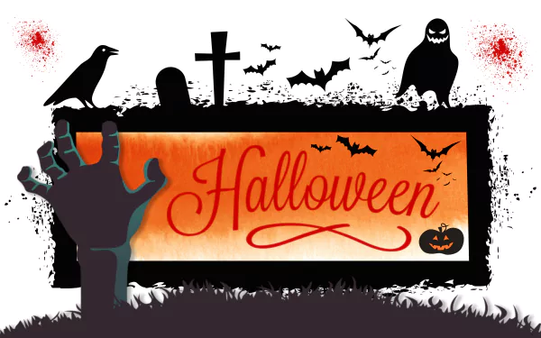 Dark Halloween-themed 4K Ultra HD desktop wallpaper featuring a graveyard, bats, a crow, a ghostly figure, a pumpkin, and a zombie hand reaching up.